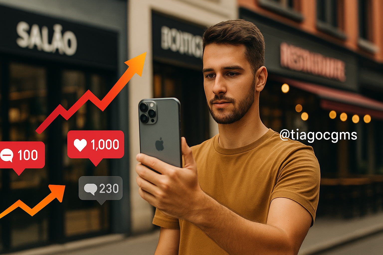 Estrategista de conteúdo filmando Reels em um estabelecimento comercial